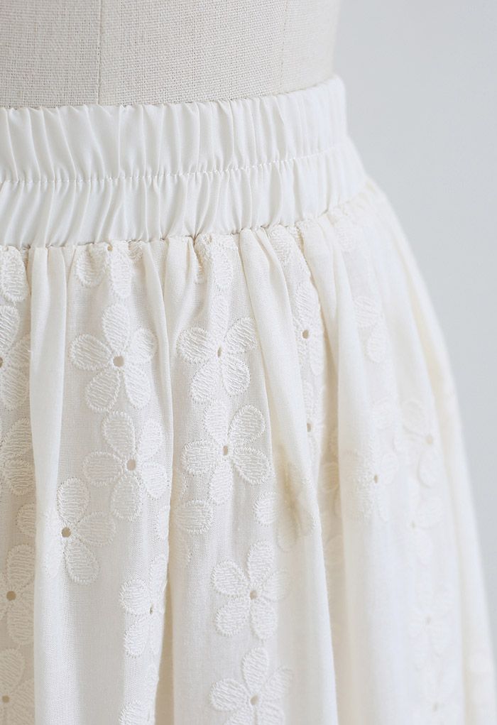 Flower Embroidered Eyelet Cotton Skirt
