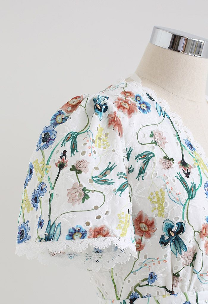 Gorgeous Posy V-Neck Embroidery Frilling Mini Dress