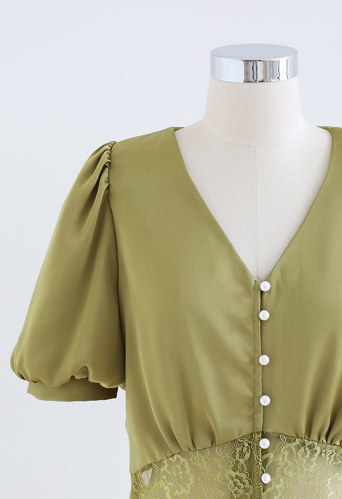 Lacy Waist V-Neck Satin Top in Olive