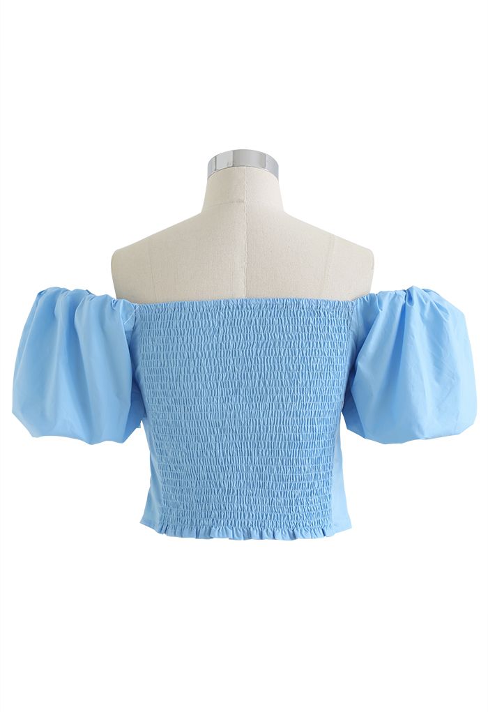 Puff Sleeve Off-Shoulder Cotton Crop Top in Blue