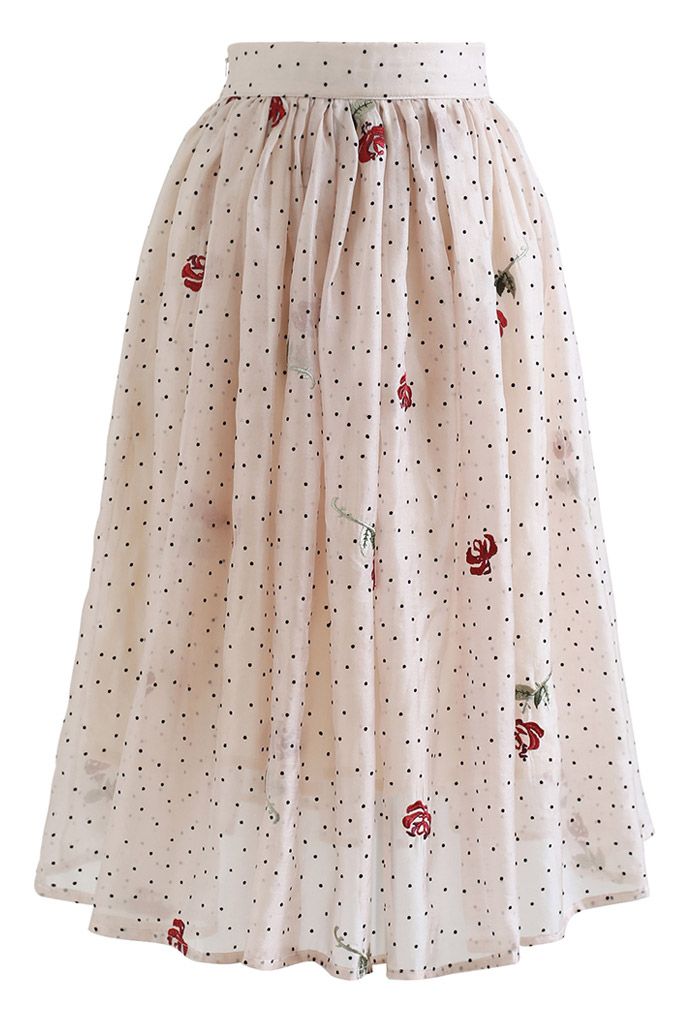 Rose Embroidered Velvet Dot Sheer Skirt