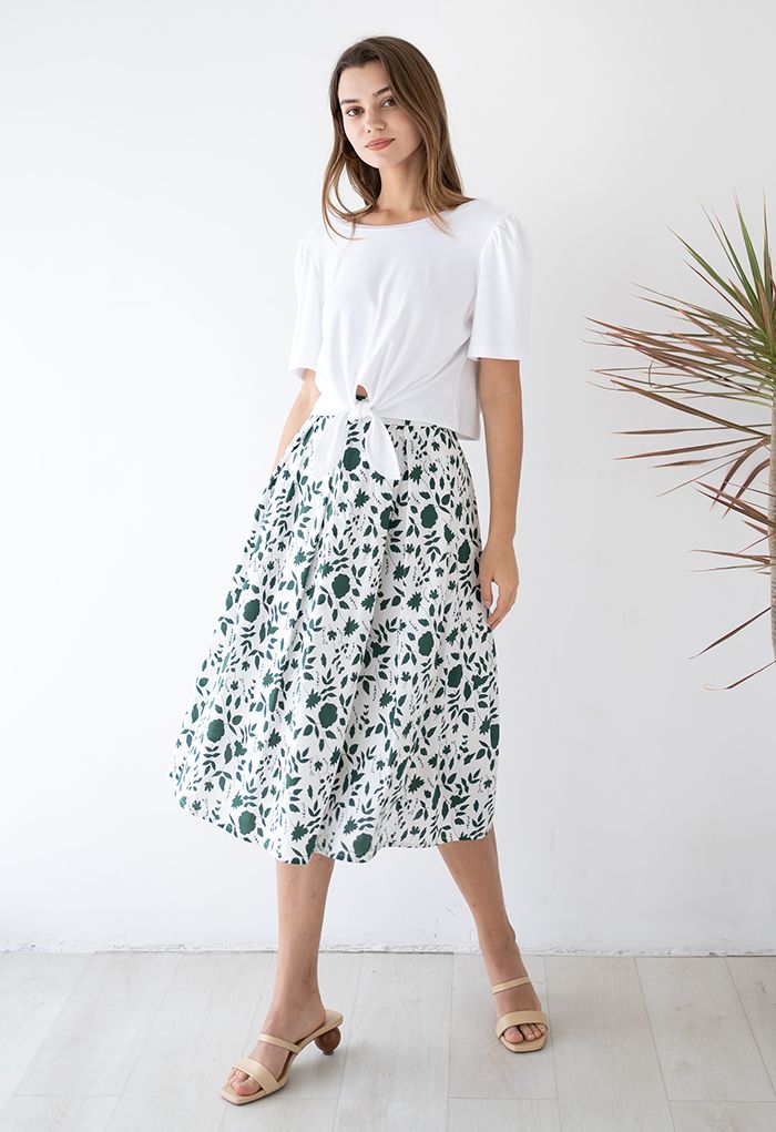 Lush Botany Print A-Line Cotton Midi Skirt