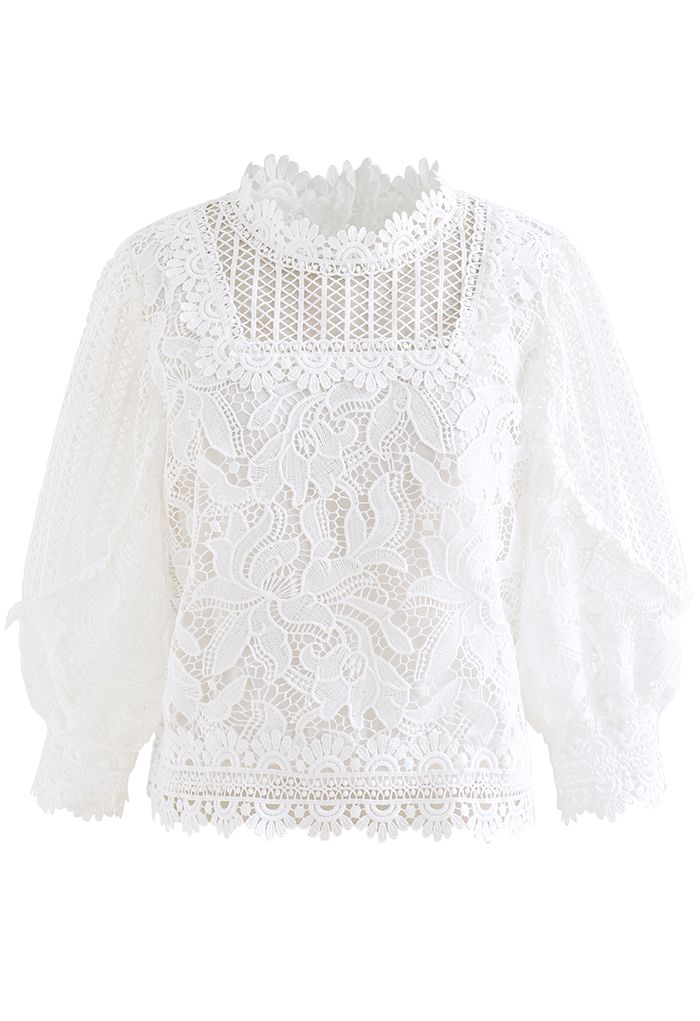 Crochet Blossom Puff Sleeve Top in White - Retro, Indie and Unique Fashion
