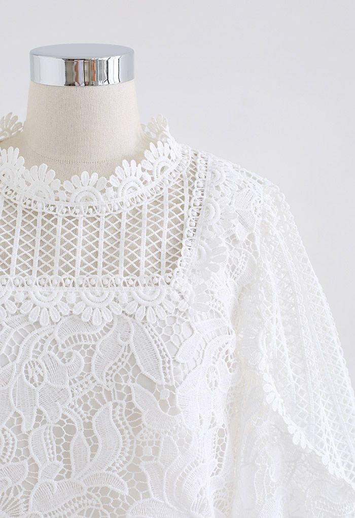 Crochet Blossom Puff Sleeve Top in White - Retro, Indie and Unique Fashion