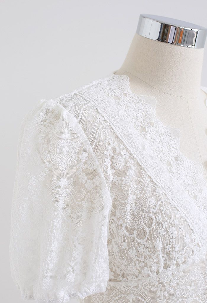 Full Delicate Embroidery Buttoned Mesh Top in White
