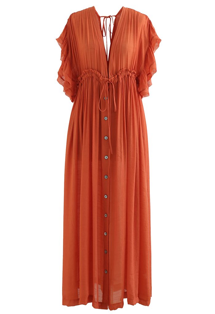 Ruffle Sleeves Deep V-Neck Cover Up in Rust Red