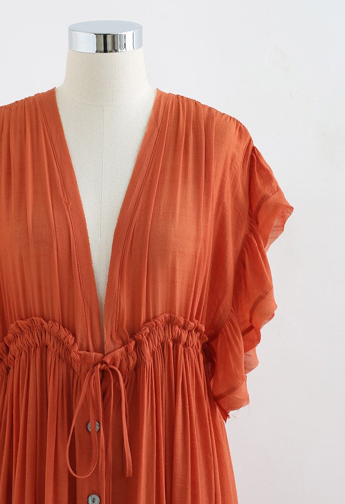 Ruffle Sleeves Deep V-Neck Cover Up in Rust Red