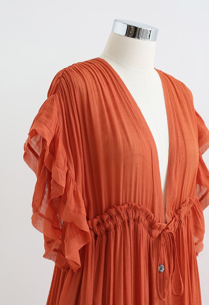 Ruffle Sleeves Deep V-Neck Cover Up in Rust Red