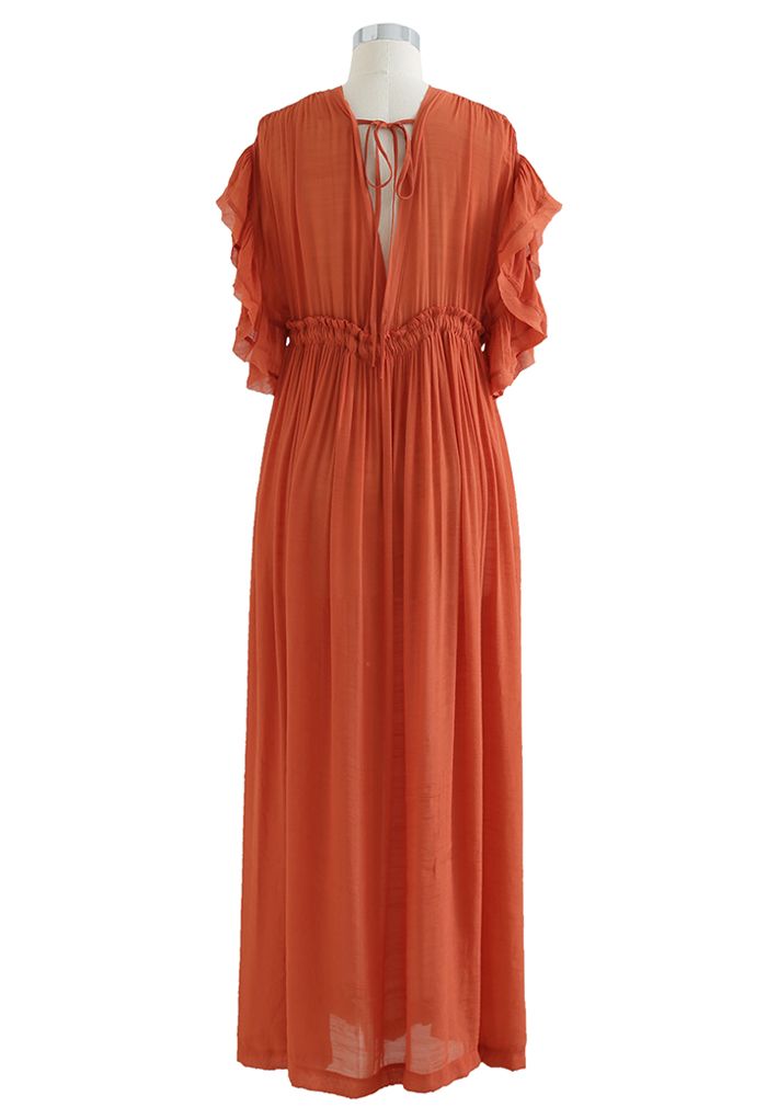 Ruffle Sleeves Deep V-Neck Cover Up in Rust Red