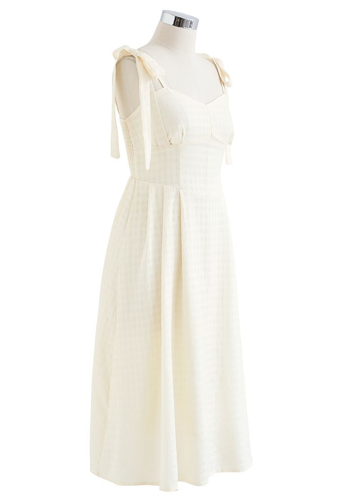 Double Straps Embossed Gingham Midi Dress in Light Yellow