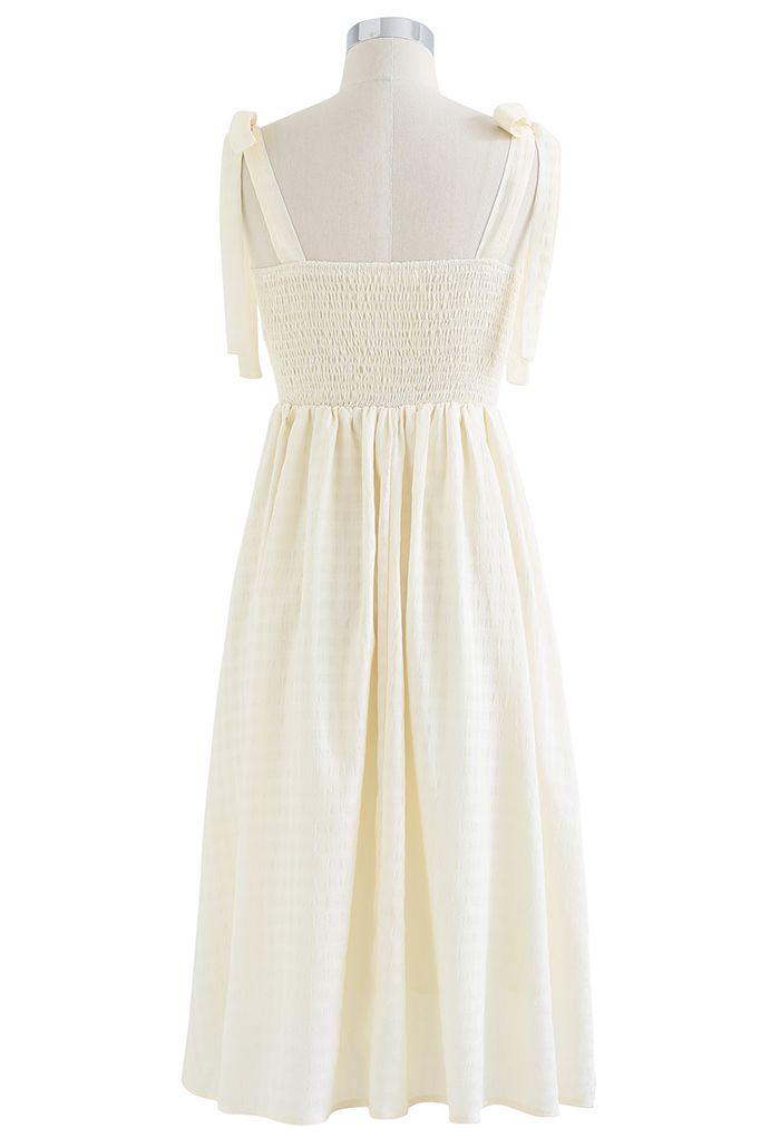 Double Straps Embossed Gingham Midi Dress in Light Yellow