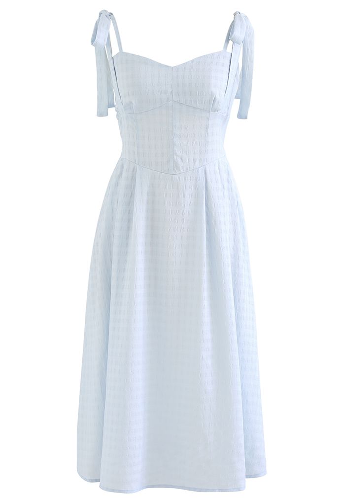Double Straps Embossed Gingham Midi Dress in Baby Blue