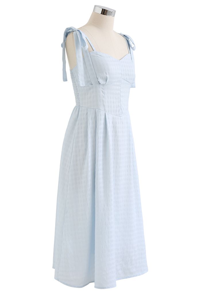 Double Straps Embossed Gingham Midi Dress in Baby Blue