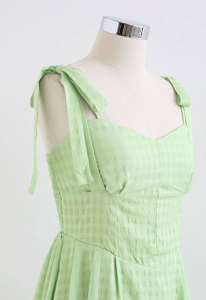 Double Straps Embossed Gingham Midi Dress in Light Green