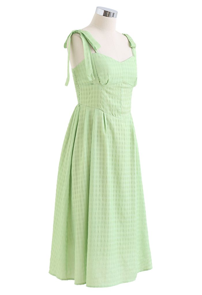 Double Straps Embossed Gingham Midi Dress in Light Green