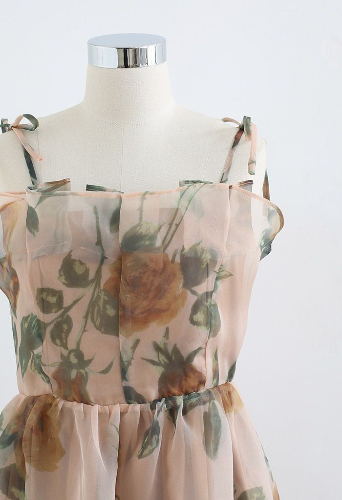 Hazy Rose Printed Organza Cami Dress