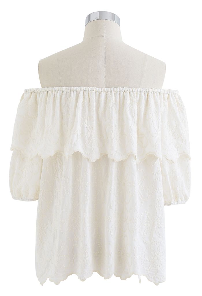 Embroidered Flower Flap Off-Shoulder Top in Cream