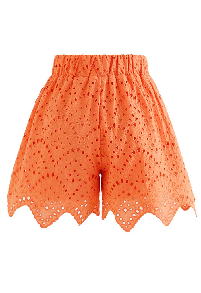 Full Eyelet Zigzag Hemline Shorts in Orange