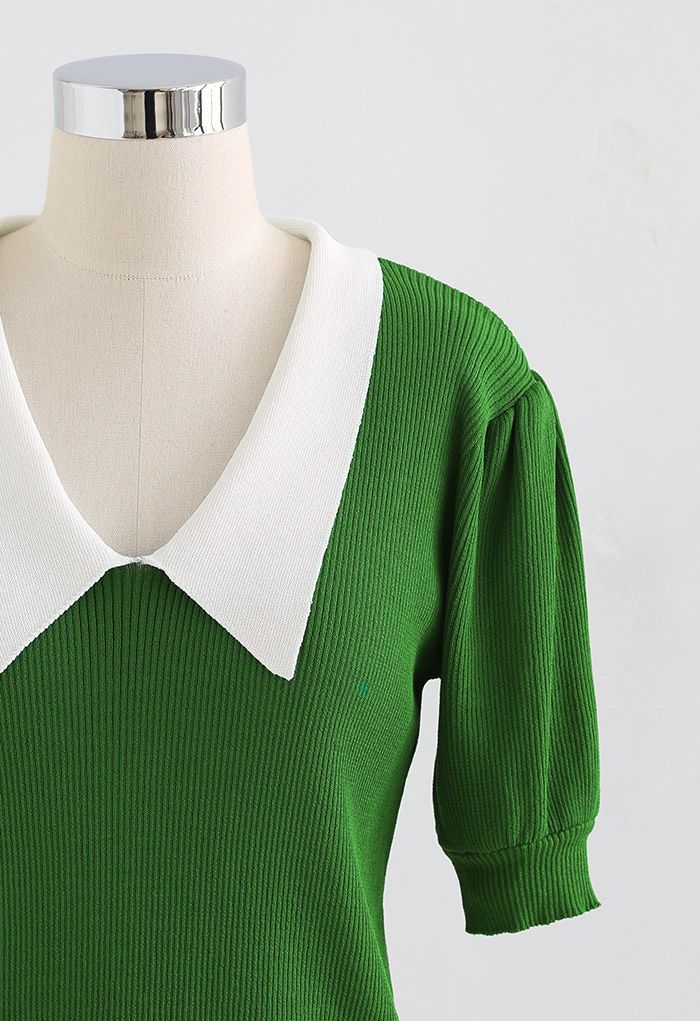 Contrast Pointed Collar Short Sleeve Knit Top in Green