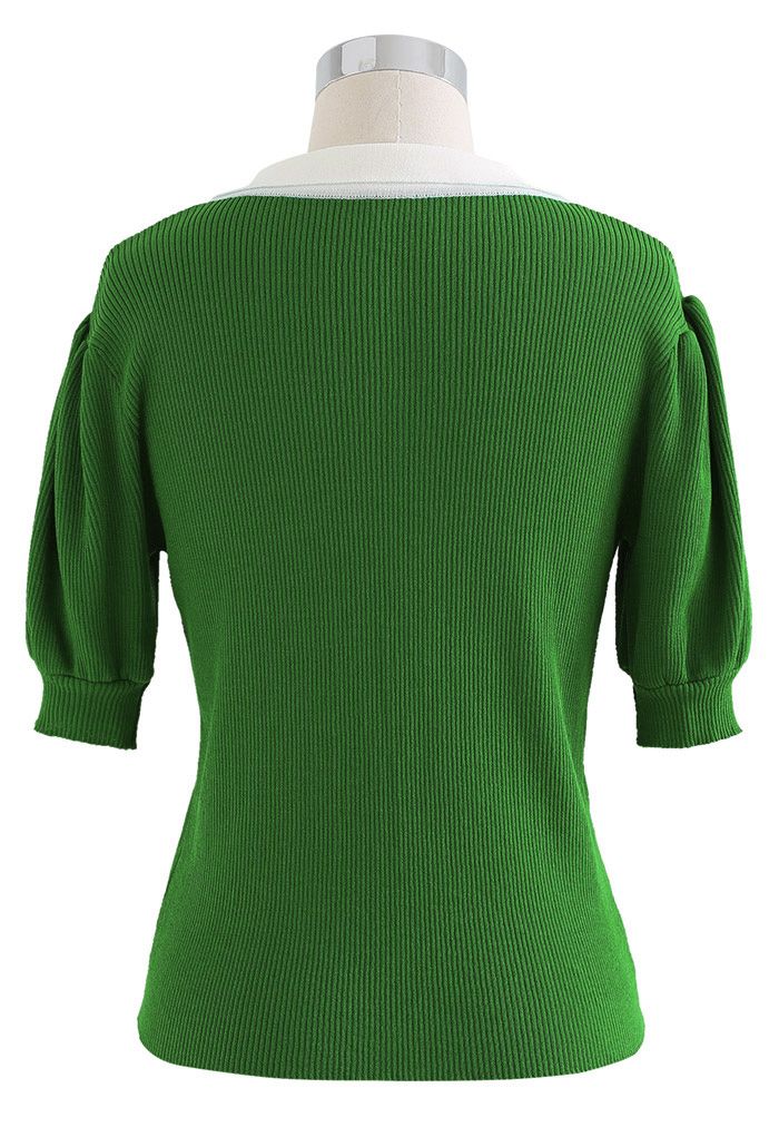 Contrast Pointed Collar Short Sleeve Knit Top in Green