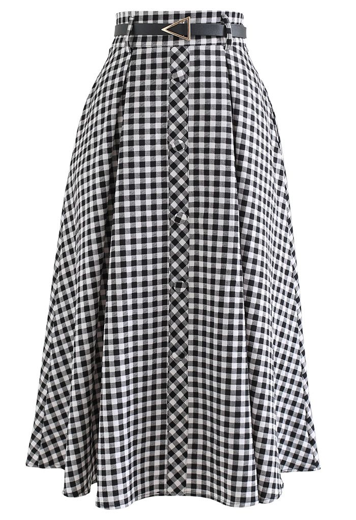 Belted Button Trim Flare Midi Skirt in Gingham