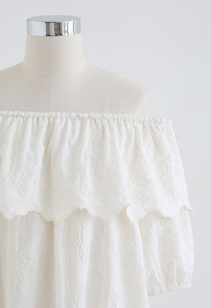 Embroidered Flower Flap Off-Shoulder Top in Cream