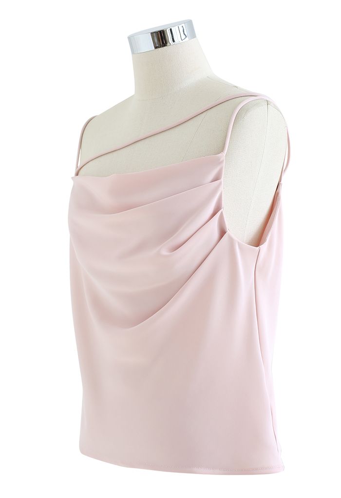 Ruched Front Triple Strings Satin Tank Top in Light Pink