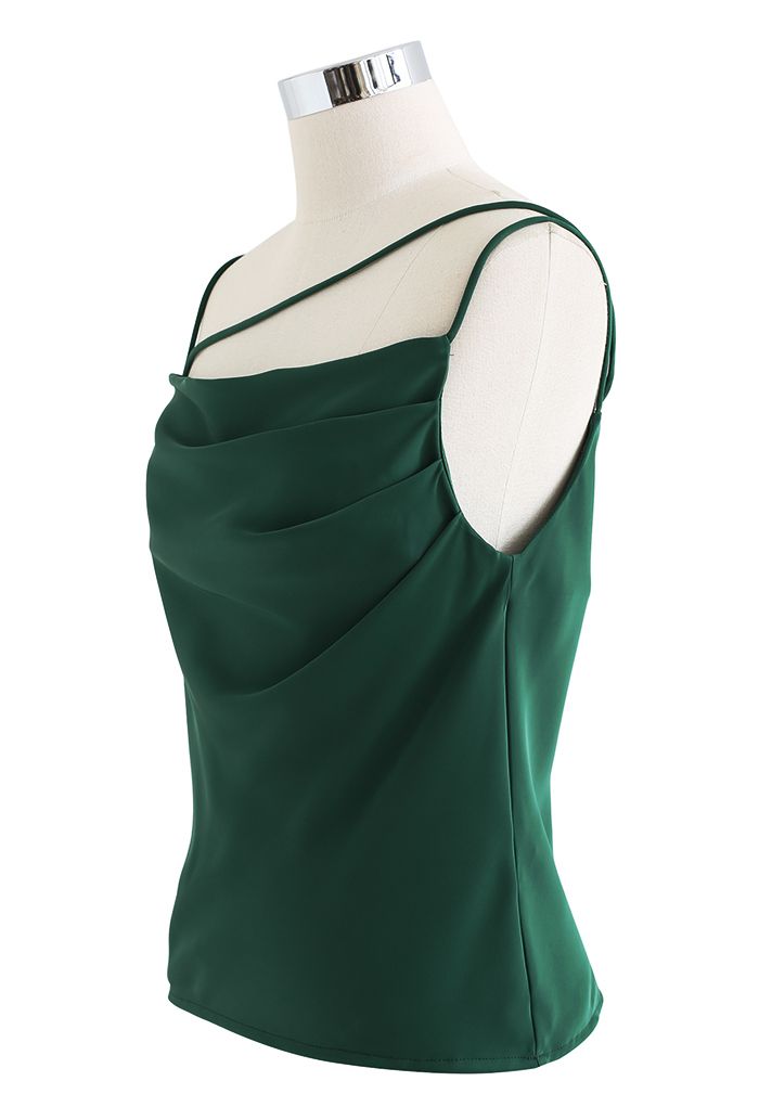 Ruched Front Triple Strings Satin Tank Top in Emerald