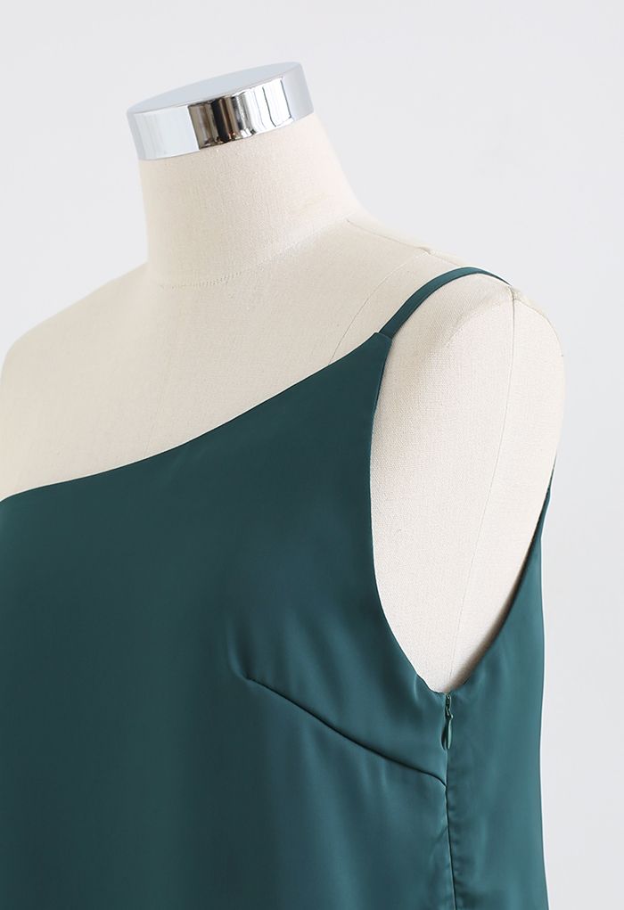 Stylish One-Shoulder Satin Cami Top in Dark Green
