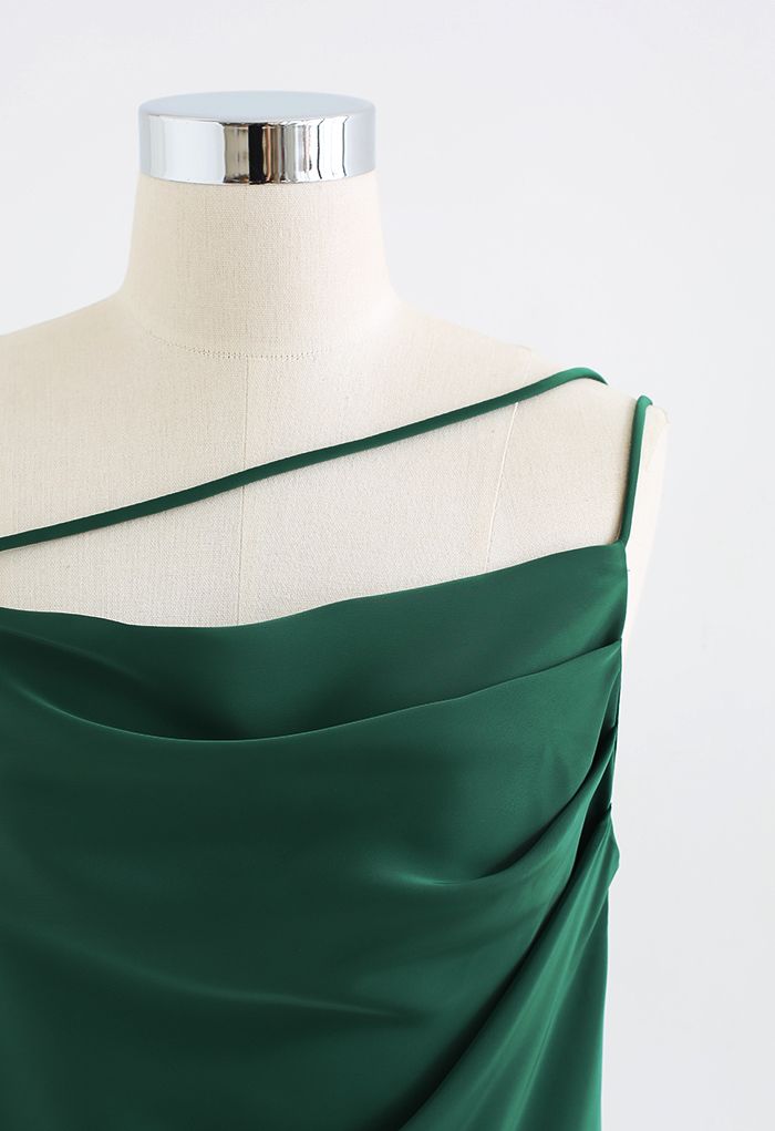 Ruched Front Triple Strings Satin Tank Top in Emerald