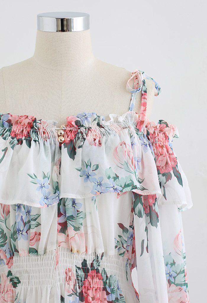Flowery Ruffle Cold-Shoulder Chiffon Playsuit in White