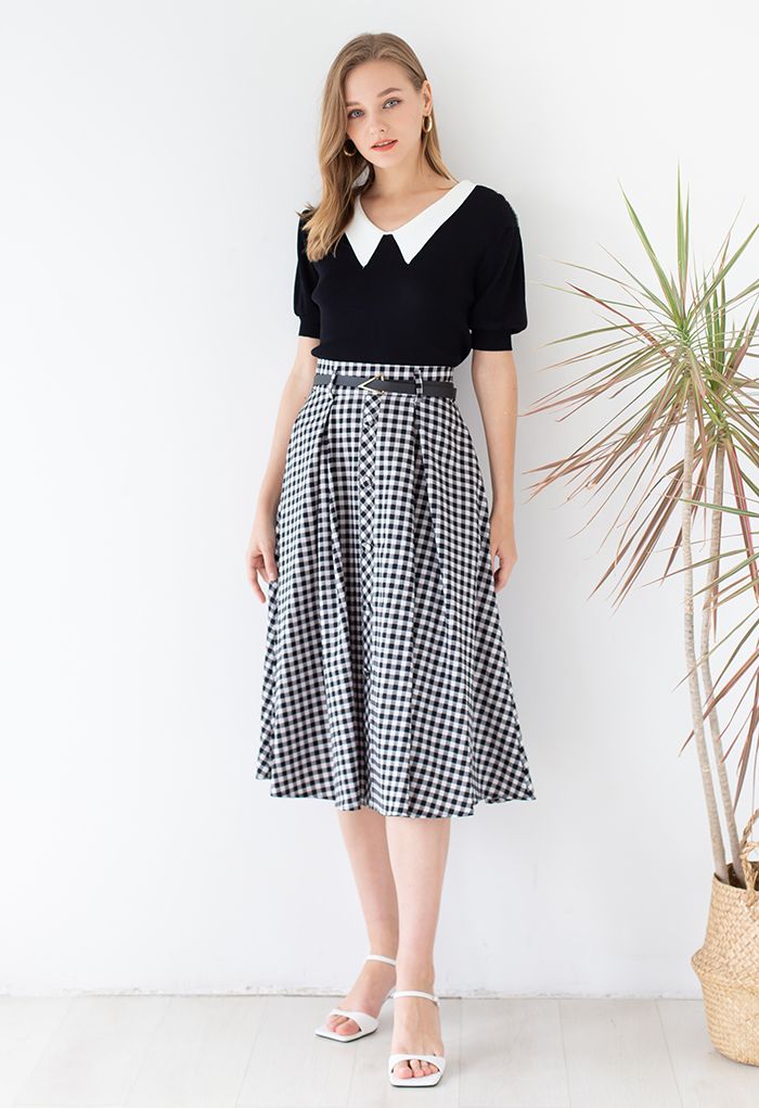 Belted Button Trim Flare Midi Skirt in Gingham