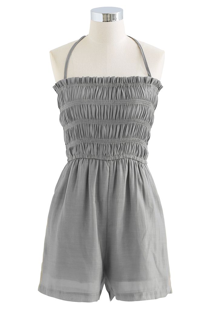 Shirring Tie Neck Playsuit and Shirt Set in Grey
