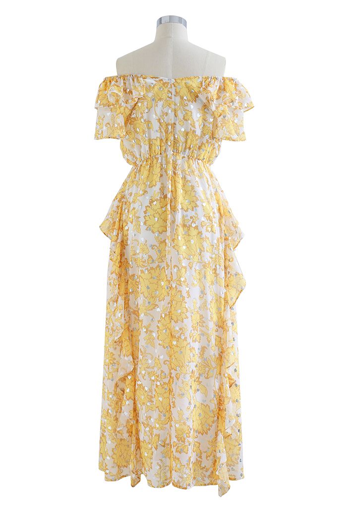Silver Heart Off-Shoulder Ruffle Floral Maxi Dress in Yellow