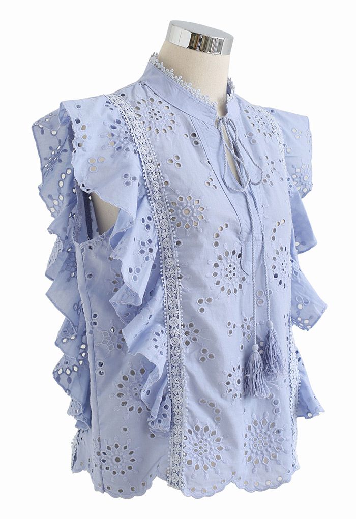 Ruffle Sleeveless Embroidered Eyelet Top in Blue