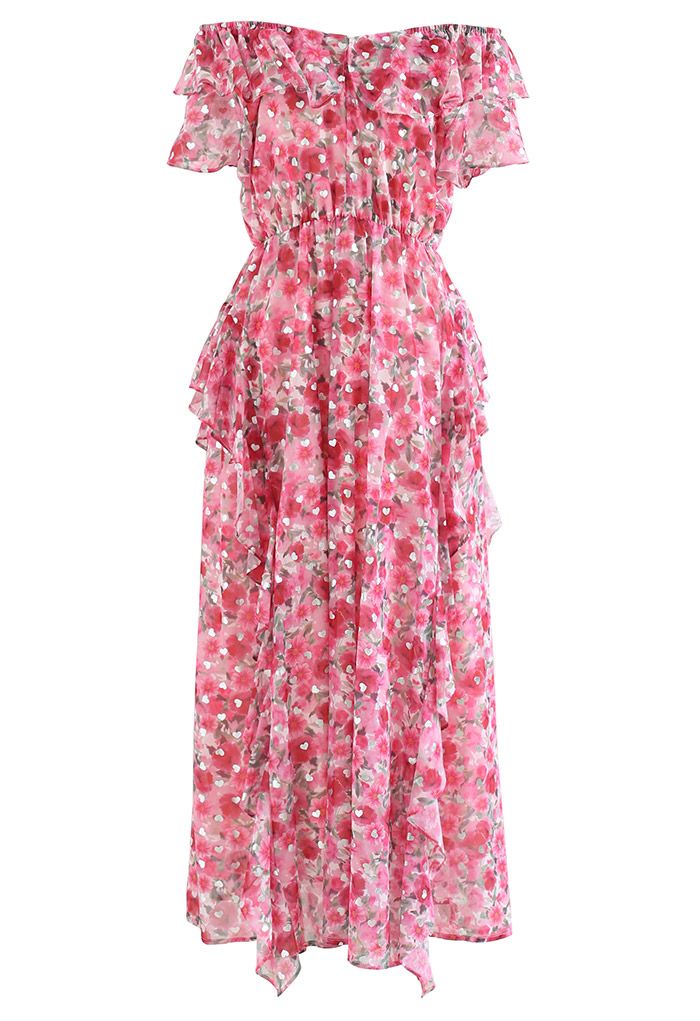 Silver Heart Off-Shoulder Ruffle Floral Maxi Dress in Pink