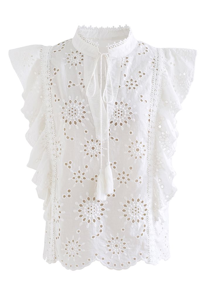 Ruffle Sleeveless Embroidered Eyelet Top In White - Retro, Indie And ...