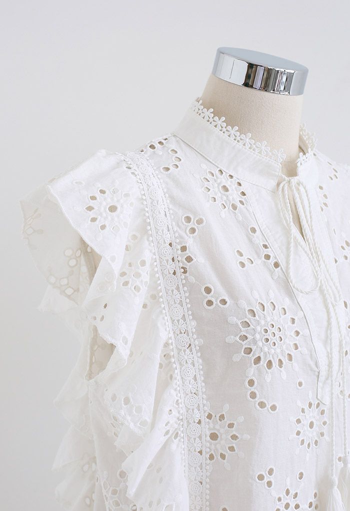 Ruffle Sleeveless Embroidered Eyelet Top In White - Retro, Indie And ...