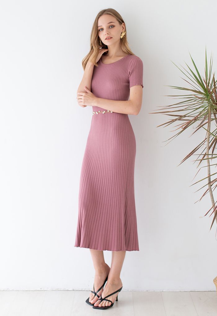 Crew Neck Short Sleeve Bodycon Knit Dress in Pink