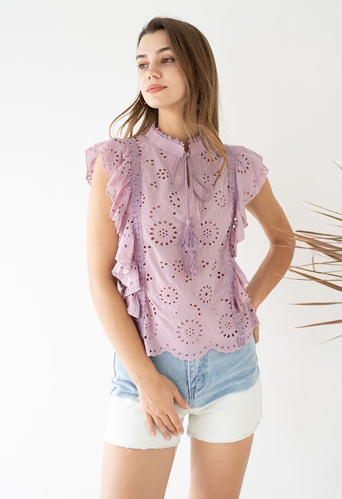 Ruffle Sleeveless Embroidered Eyelet Top in Pink