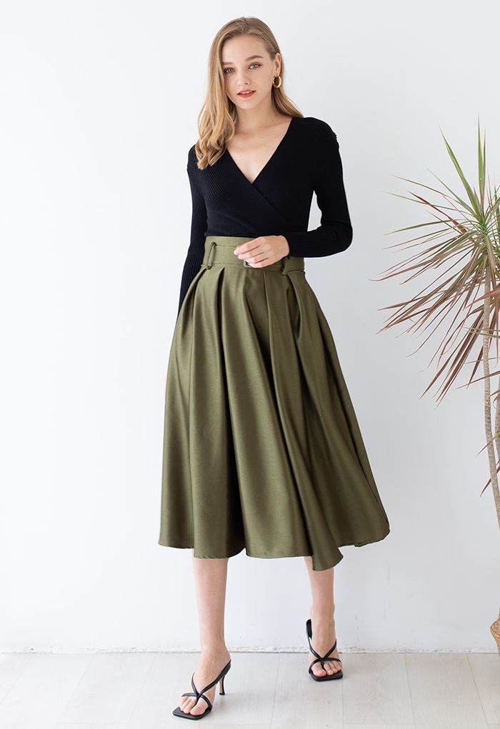 Belted Texture Flare Maxi Skirt in Moss Green