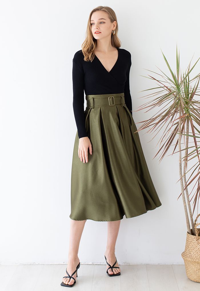 Belted Texture Flare Maxi Skirt in Moss Green