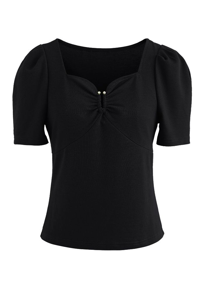 Metallic U-Shape Sweetheart Neck Top in Black