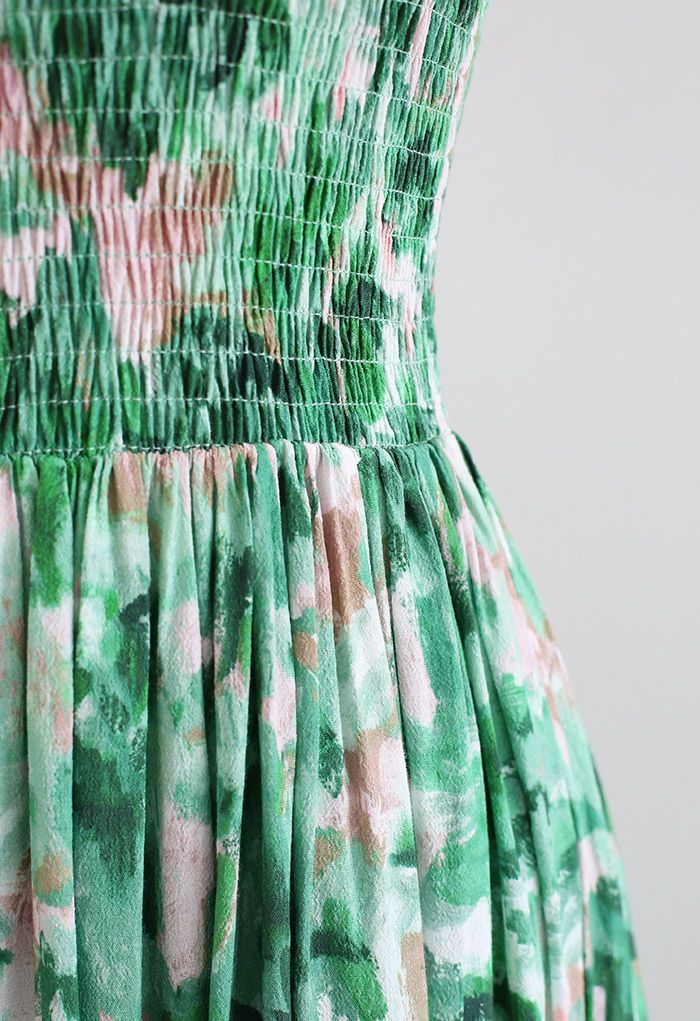 Oil Painting Shirring Strapless Dress in Green
