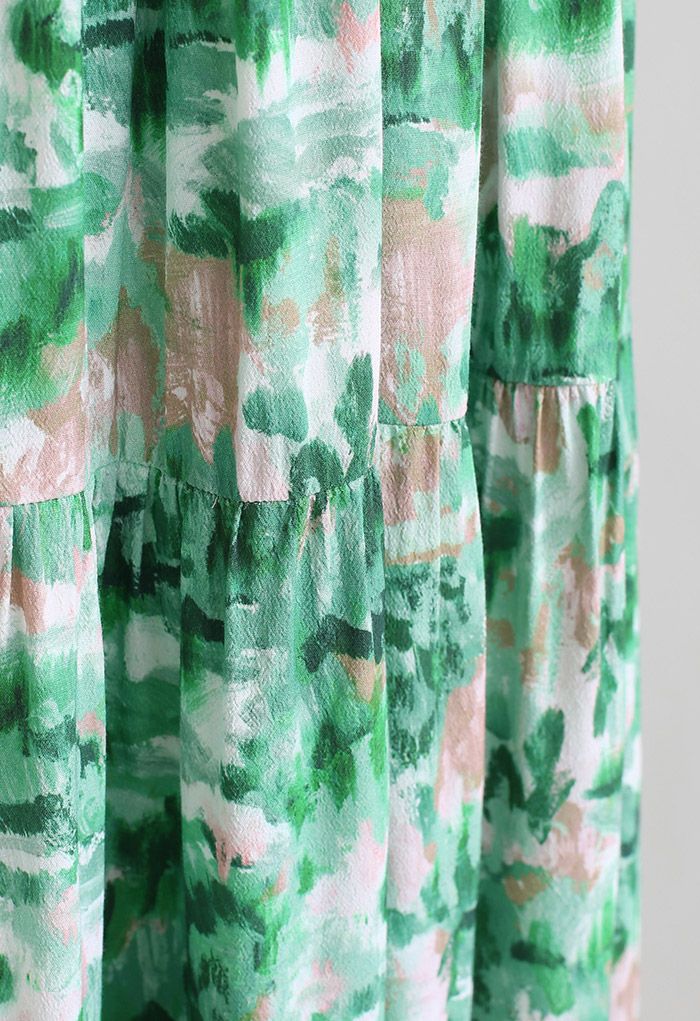 Oil Painting Shirring Strapless Dress in Green