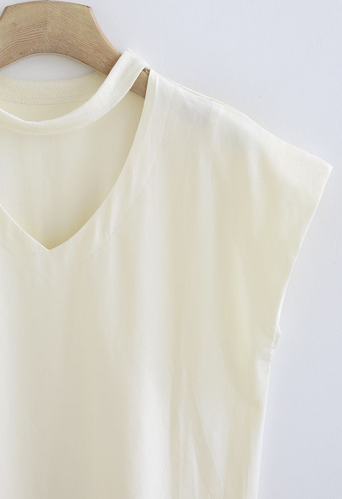 V-Neck Choker Sleeveless Cotton T-Shirt in Cream