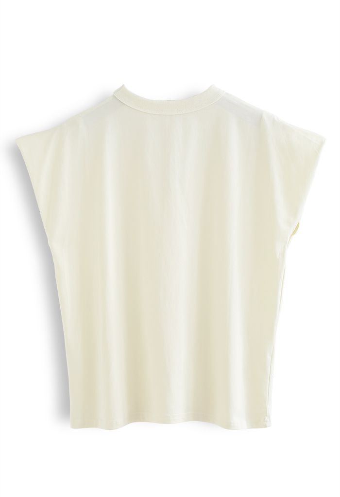 V-Neck Choker Sleeveless Cotton T-Shirt in Cream