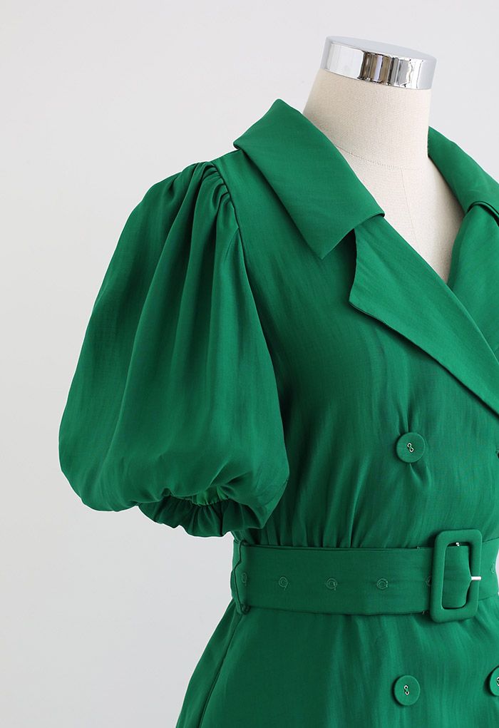 Double-Breasted Puff Sleeve Trench Dress in Green