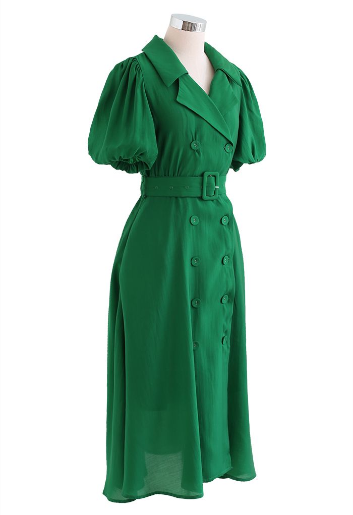 Double-Breasted Puff Sleeve Trench Dress in Green