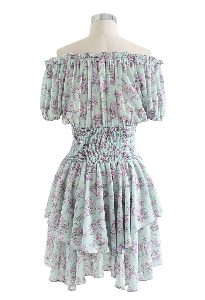 Posy Print Off-Shoulder Asymmetric Tiered Dress in Mint